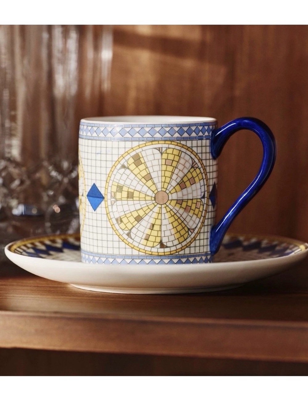 Anthropologie Bistro Tile Espresso Cup & Saucer Set Italia Stoneware : Lemon 🍋